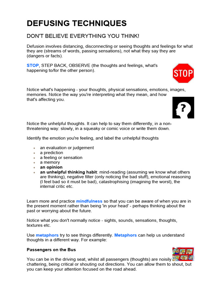 Mindful Defusion Techniques Guide | PDF | Thought | Bullying