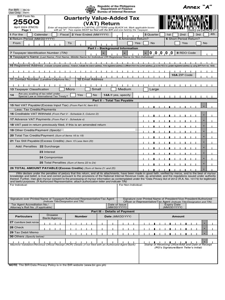 RMC 68-2024: VAT Return Form 2550Q | PDF | Value Added Tax | Taxes
