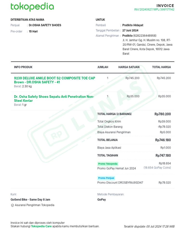Invoice Pembelian Sepatu Dr. Osha | PDF