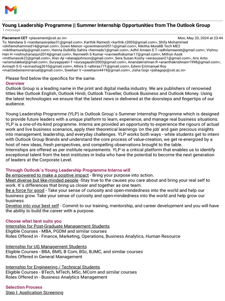 Gmail Young Leadership Programme Summer Internship Opportunities