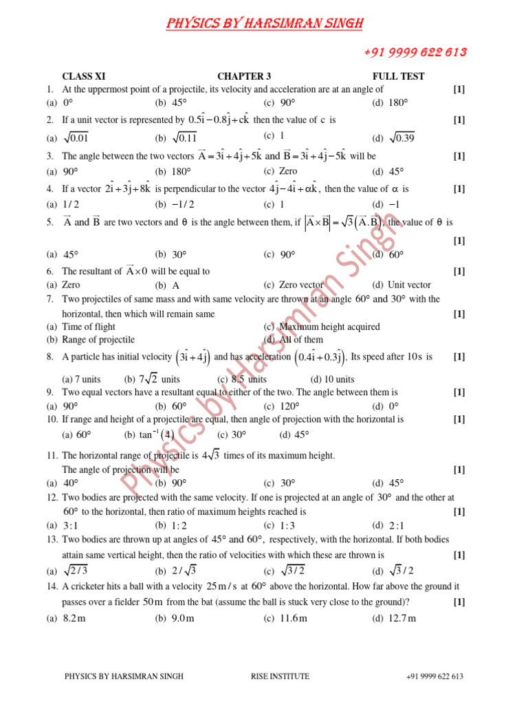 Class Xi Chapter 3 Full Test | PDF | Mechanical Engineering | Spacetime