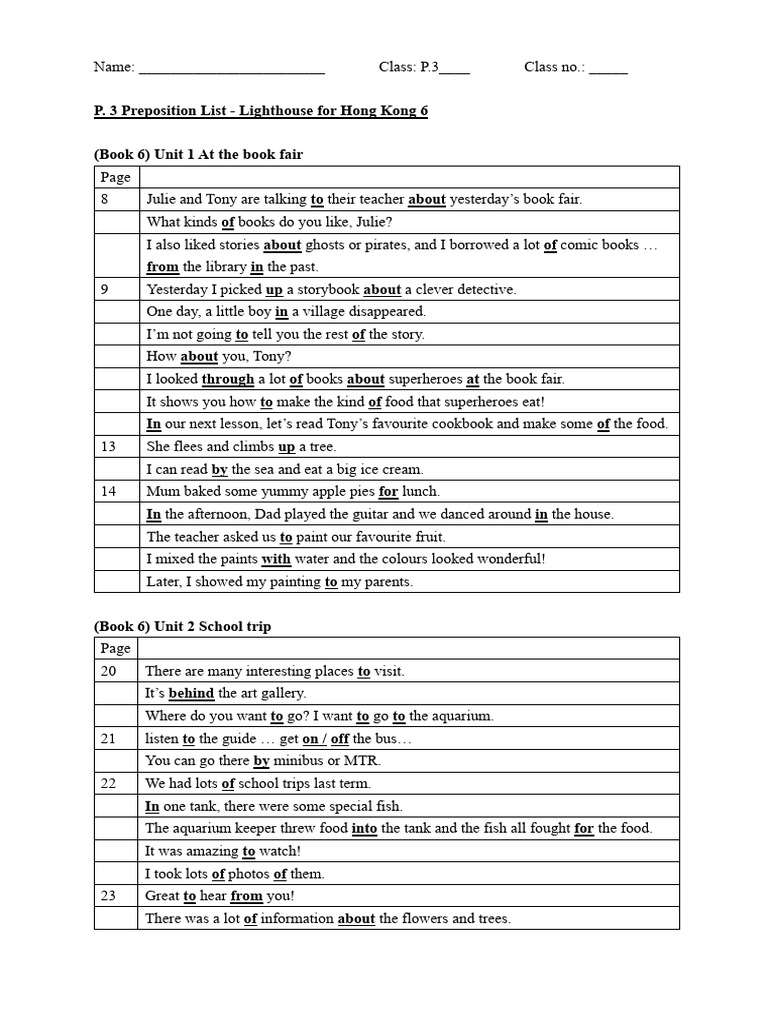 P3 English Preposition List (Lighthouse BK 6) | PDF | Art