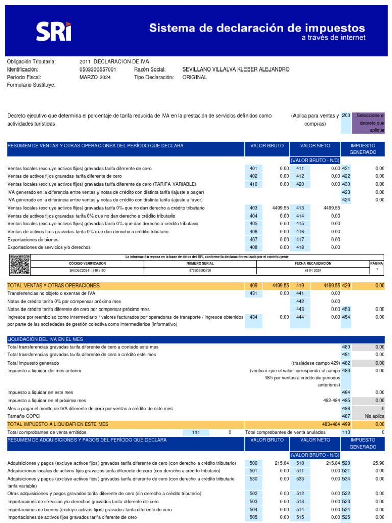Declaración de IVA Marzo 2024 SRI | PDF | Impuesto al valor agregado ...