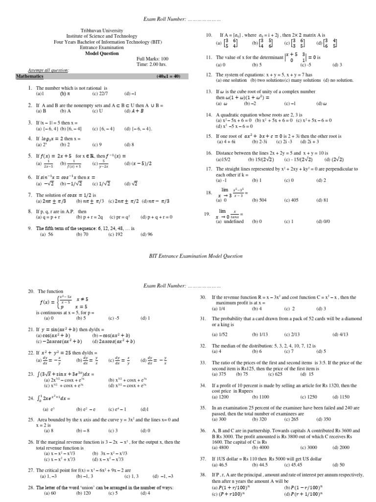 BIT Entrance Exam Model Questions | PDF | Random Access Memory ...