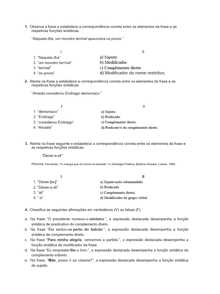 Exercicios Funções Sintaticas Com Soluções Pdf Pronome Assunto