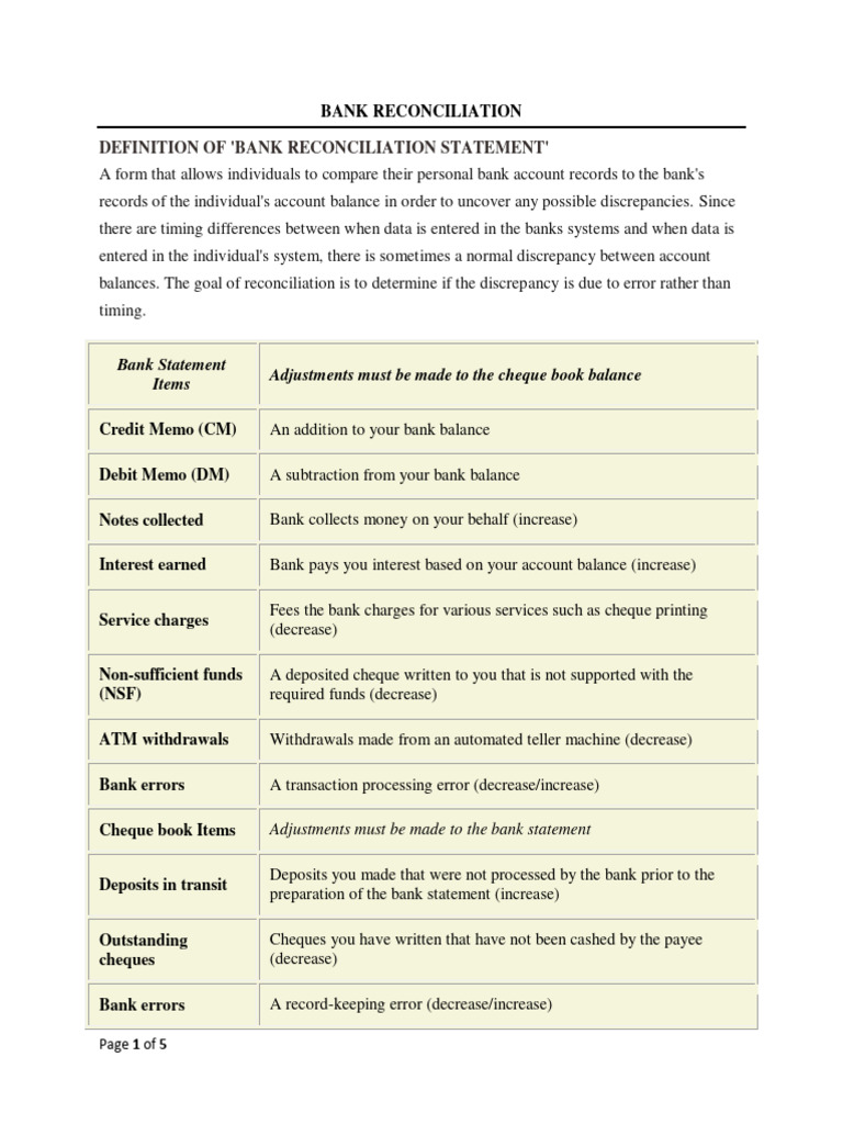 BANK RECONCILIATION - Notes. | PDF | Banks | Cheque