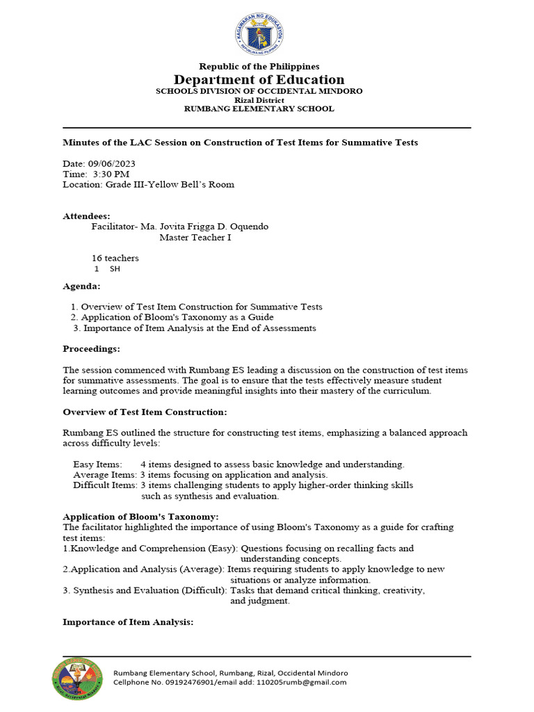 LAC Session Minutes: Test Item Construction | PDF | Educational ...