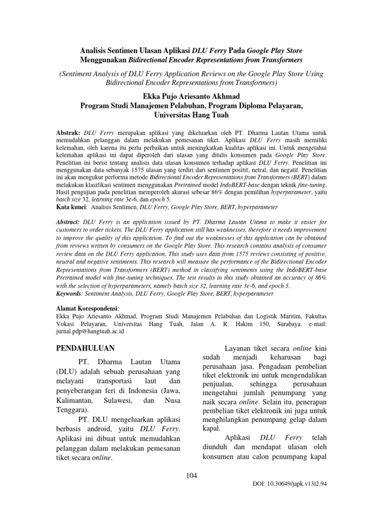 Sentiment Analysis of DLU Ferry Application Reviews On The Google Play