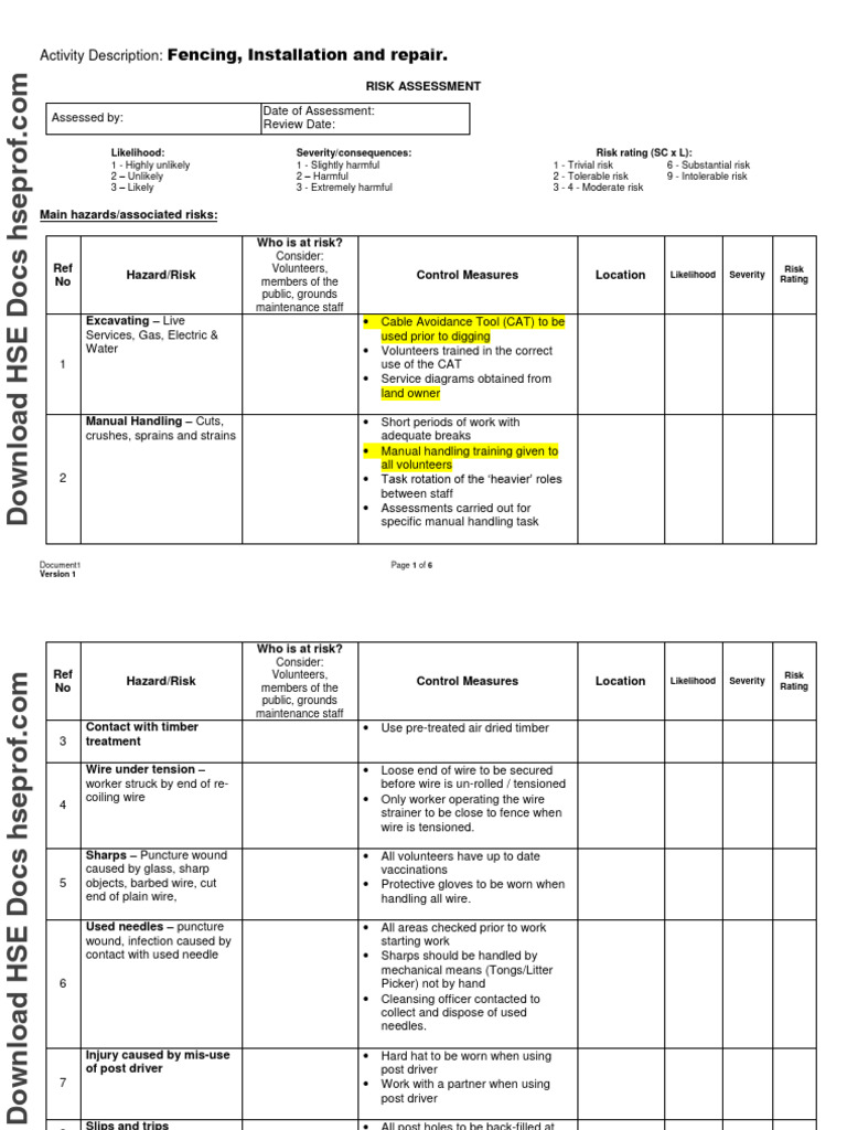 Fencing Installation Risk Assessment Guide | PDF | Personal Protective ...