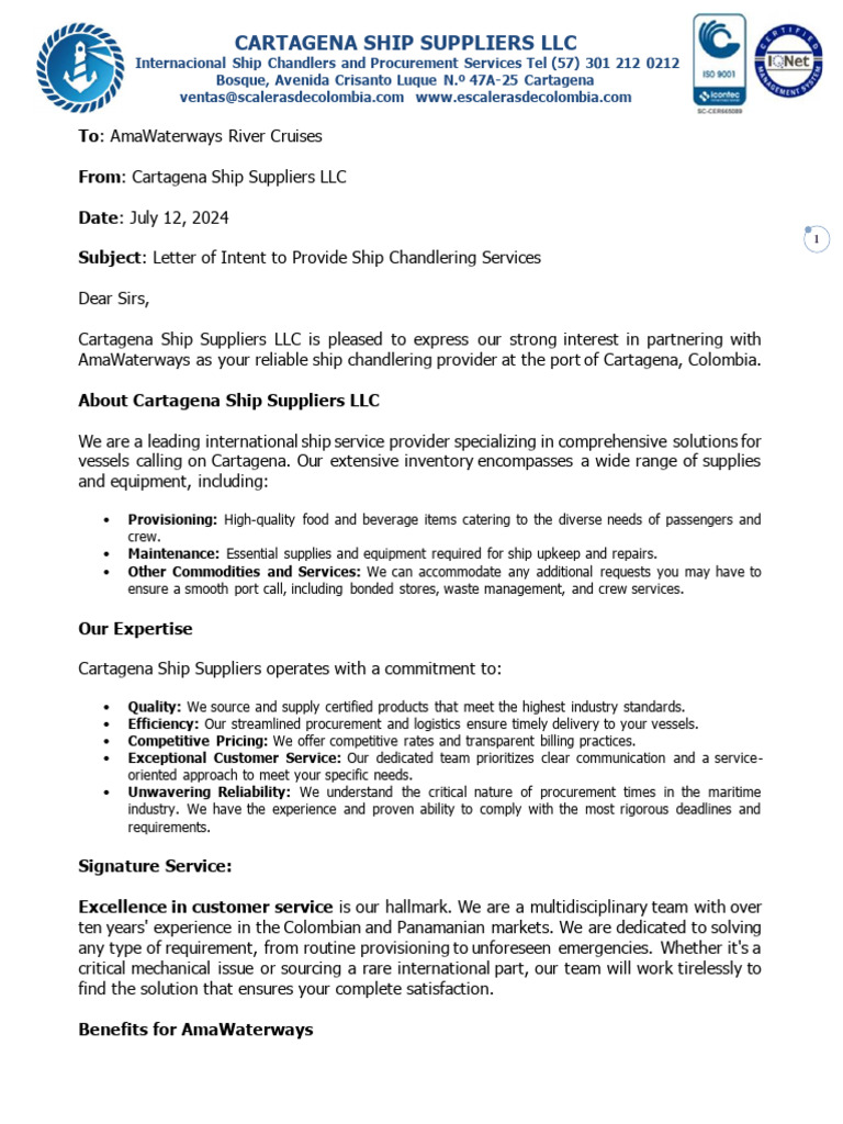 Letter of Intent To Provide Ship Chandlering Services | PDF | Supply ...