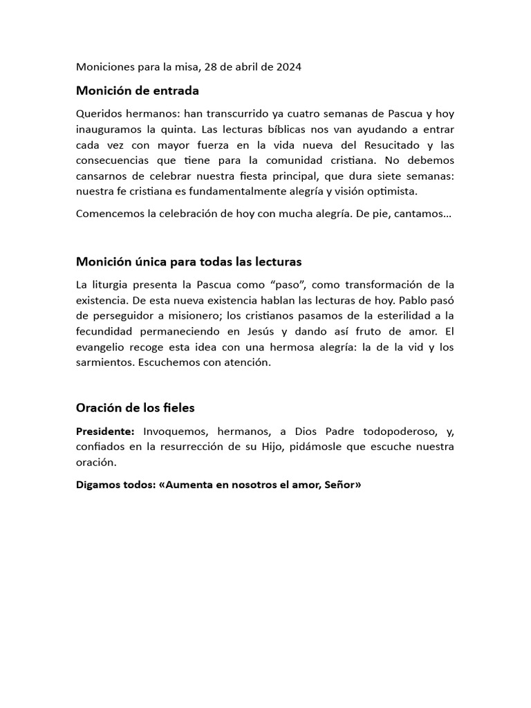 Moniciones para La Misa 28 de Abril 2024 PDF eucaristía La