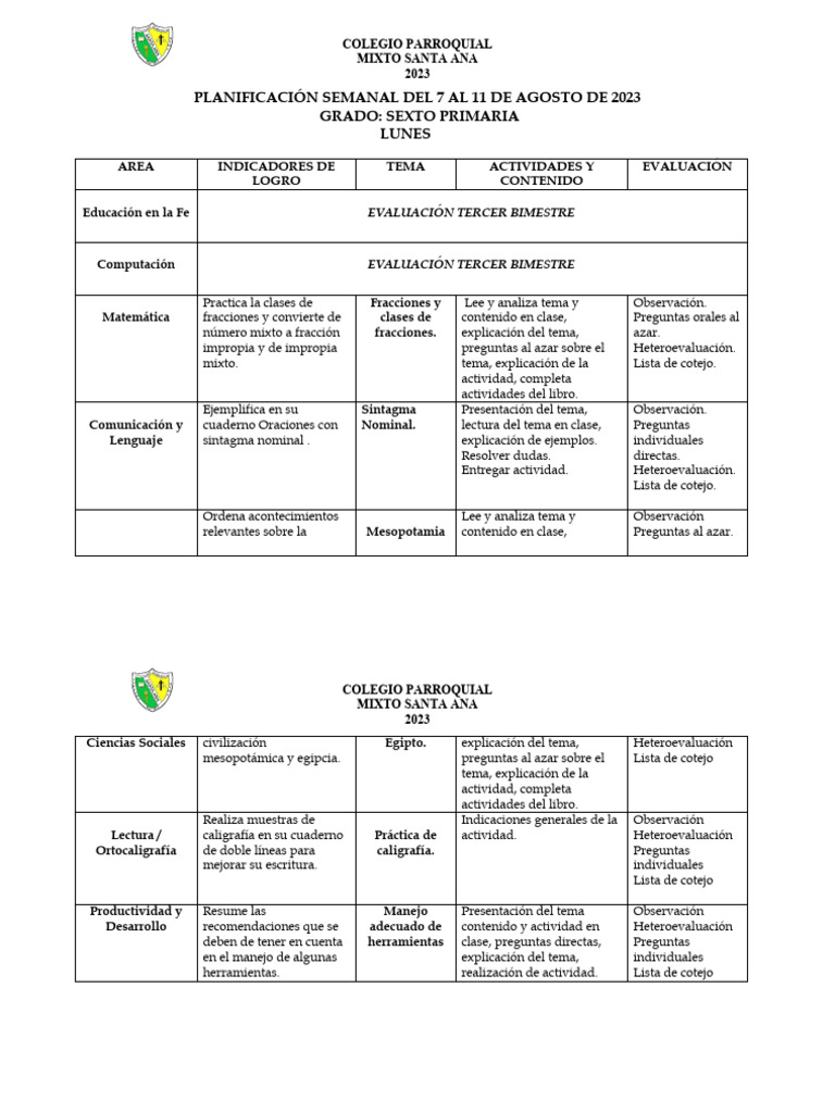 PLANIFICACION SEMANA 7. Tercer Bimestre 2023. | PDF | Puntuación ...