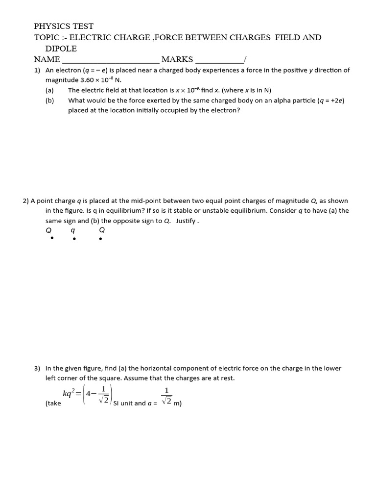 Physics Test: Electric Charge Concepts | PDF | Force | Electric Field