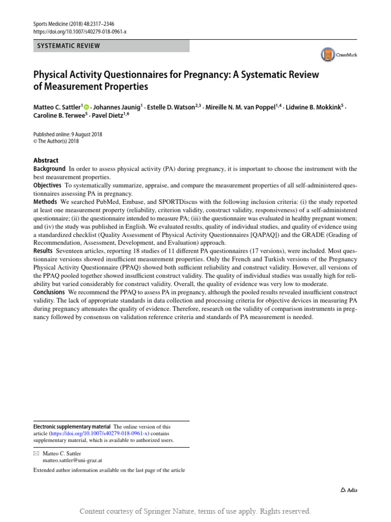 Physical Activity Questionnaires in Pregnancy | PDF | Validity ...