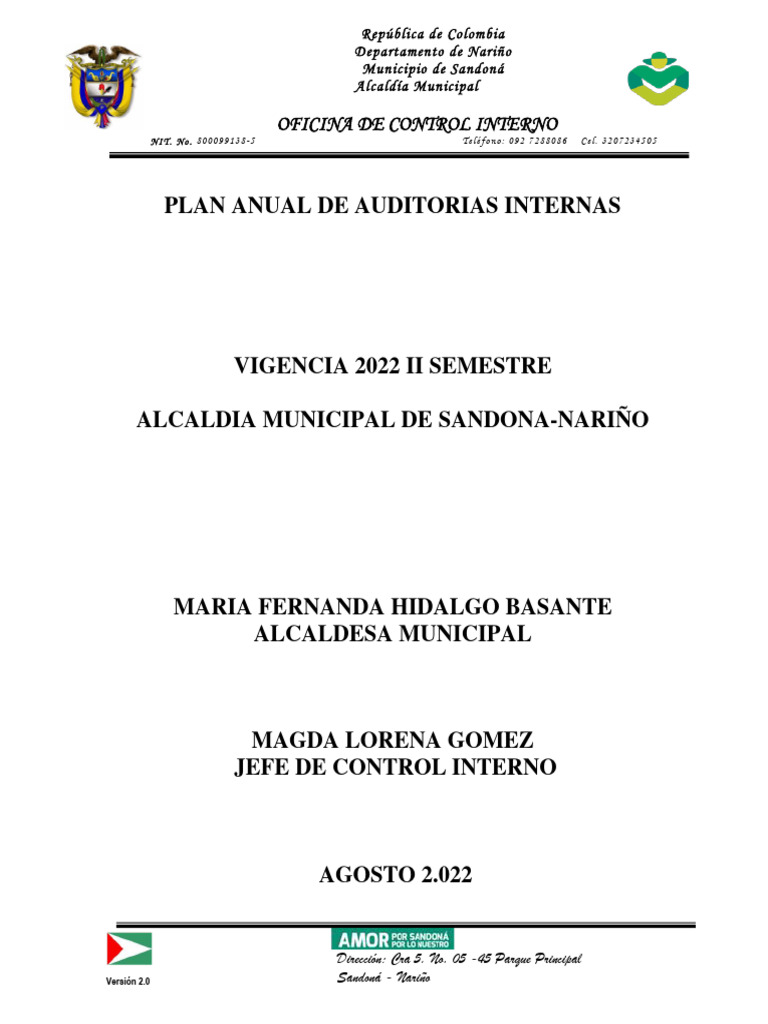 Plan Anual de Auditorías Sandoná 2022 | PDF | Auditoría