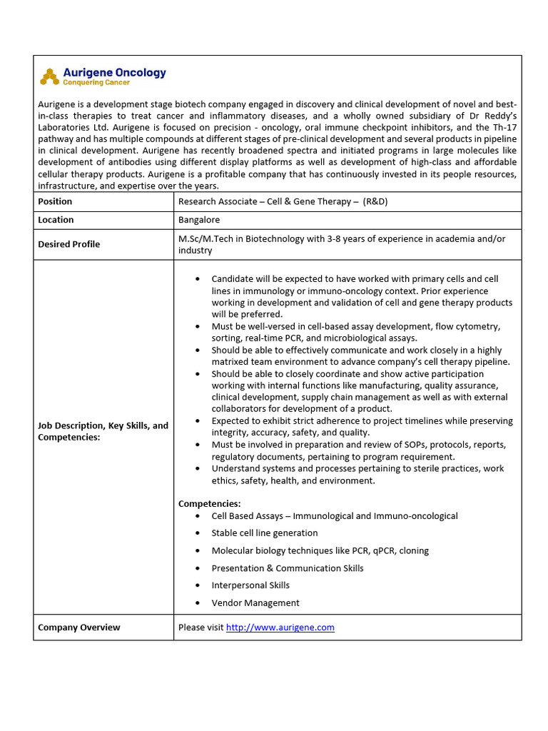 Research Associate Cell Gene Therapy RD | PDF | Biotechnology | Gene ...