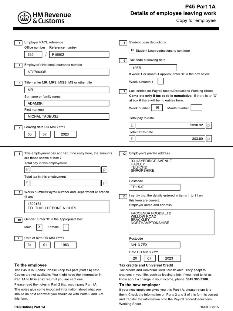 P45 Form Details for Employees | PDF | Payroll Tax | Taxes