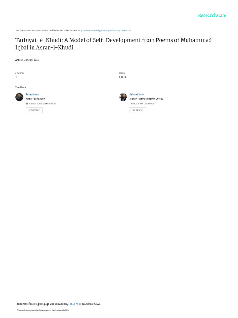 Tarbiyat E Khudi AModelofSelf 