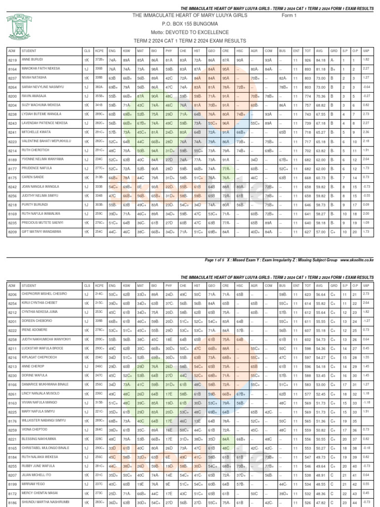 Term 2 2024 Cat 1 Term 2 2024 Form 1 Exam Results | PDF | Tests ...
