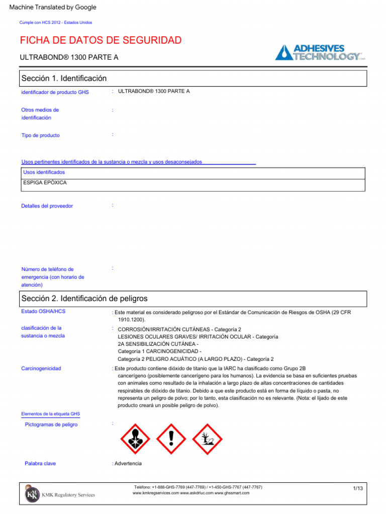 SDS ULTRABOND-1300 v2.0 | PDF | Residuos | Agua