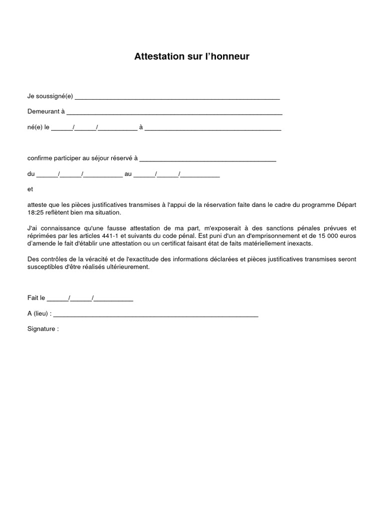 Modèle d'attestation sur l'honneur | PDF