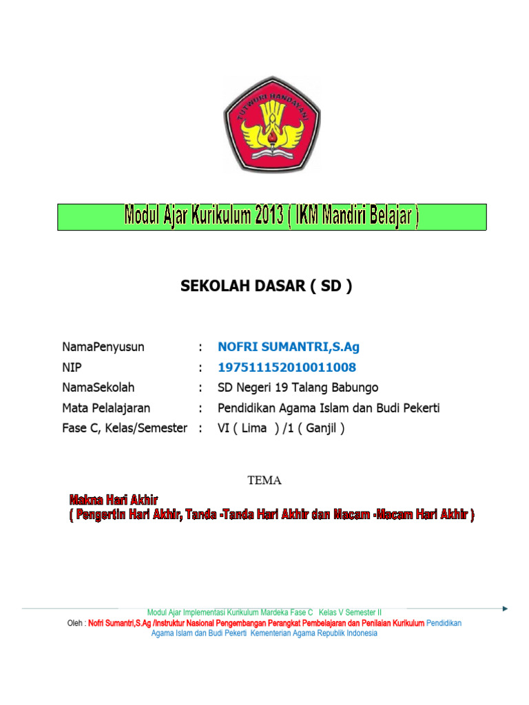 Modul Ajar Kelas 5 Bab 7 Makna Hari Akhir | PDF