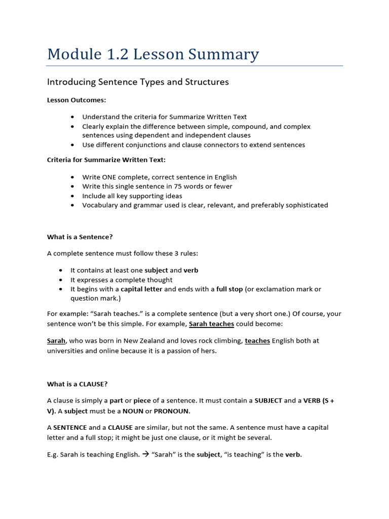Module+1 2+summary | PDF | Sentence (Linguistics) | Clause