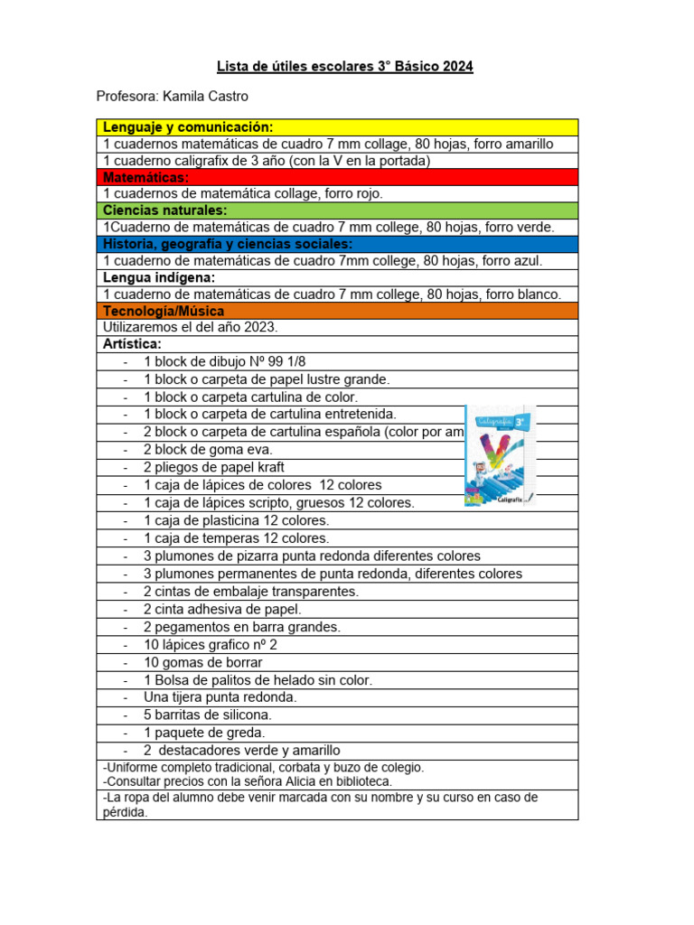 Lista de útiles escolares 3ro básico - 2024 | PDF