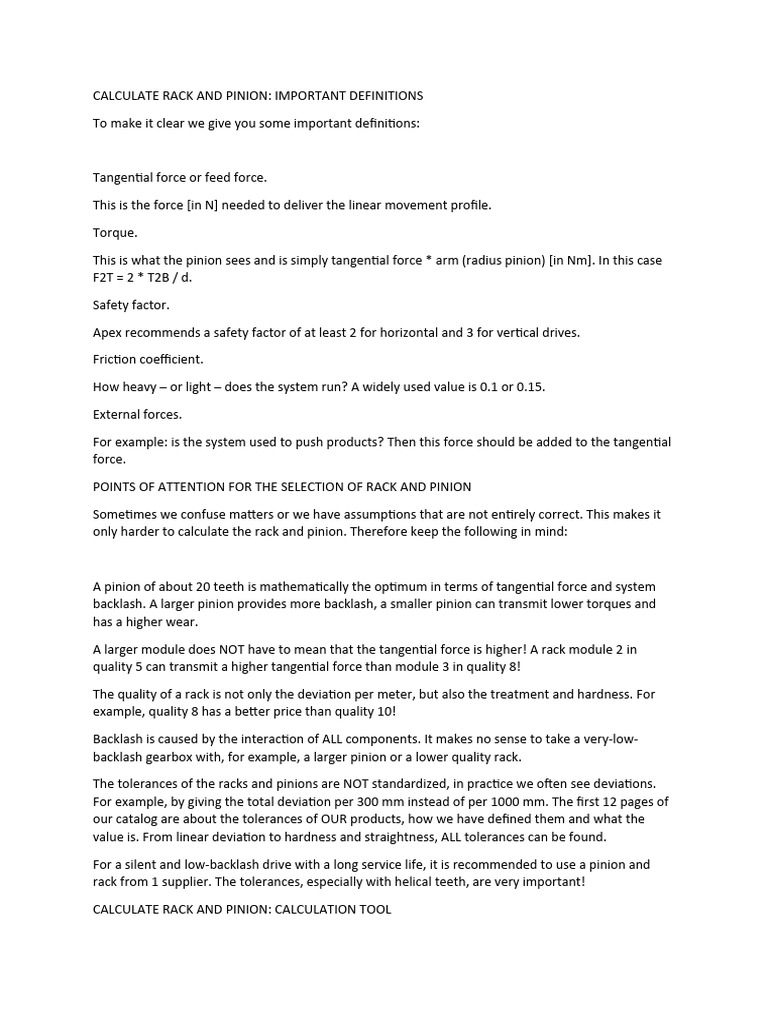 CALCULATE RACK AND PINION Download Free PDF Force Engineering