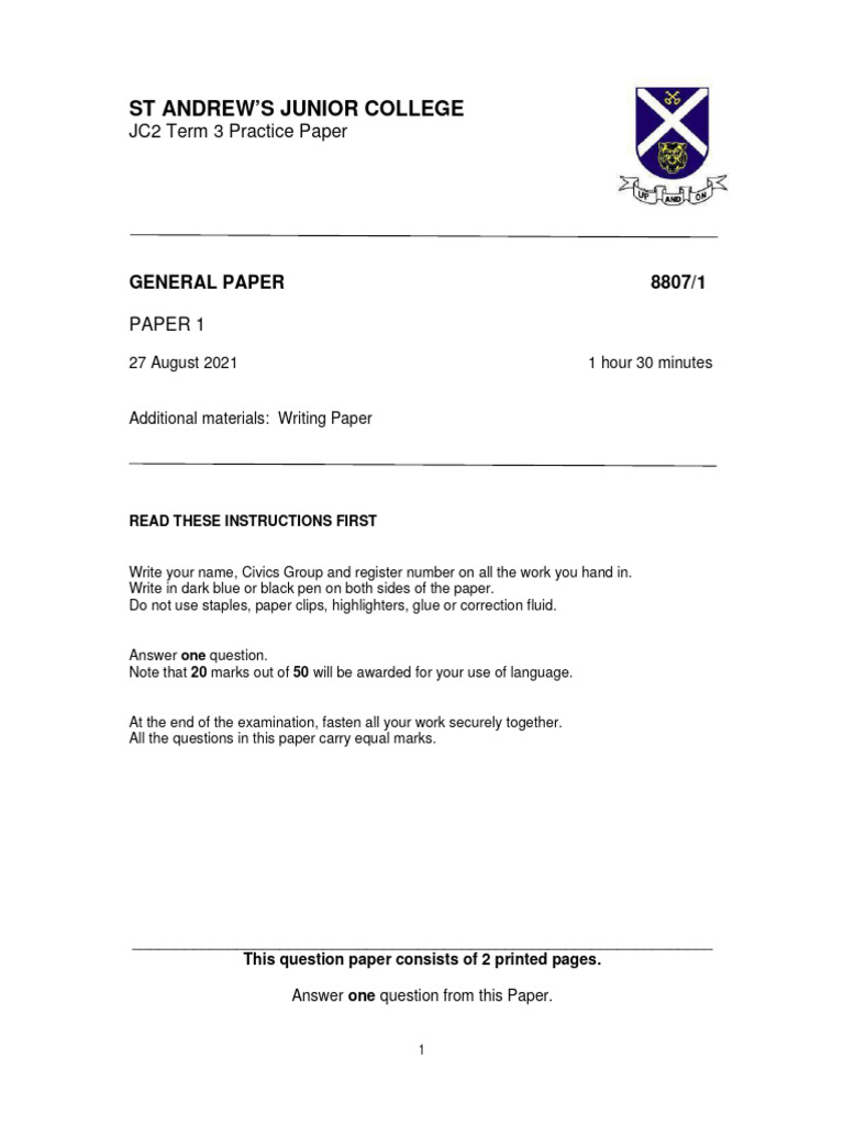 JC2 General Paper Practice Questions | PDF | Career & Growth