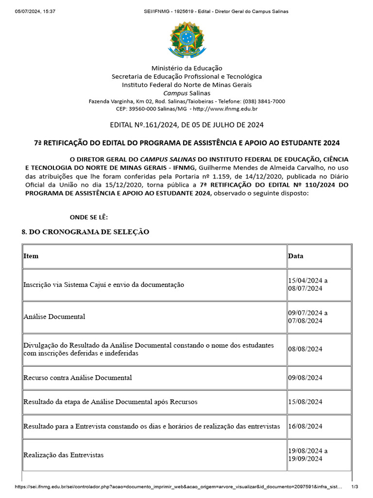 7ª Retificação do Edital de Assistência 2024 | PDF