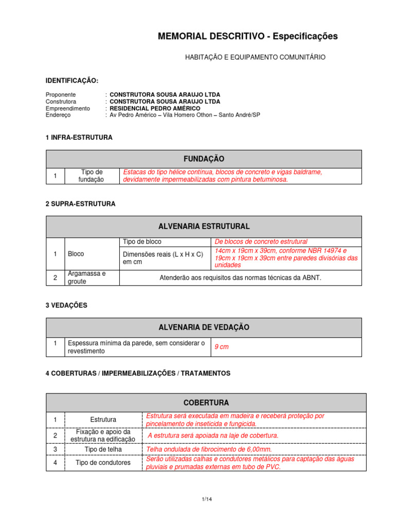 Memorial Descritivo Residencial Pedro Américo | PDF | Drywall ...