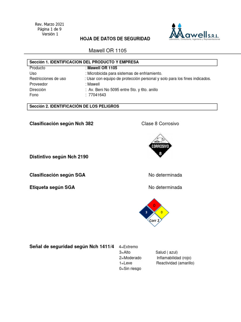 Hoja de Seguridad Mawell OR 1105 | PDF | Agua | Gestión de residuos