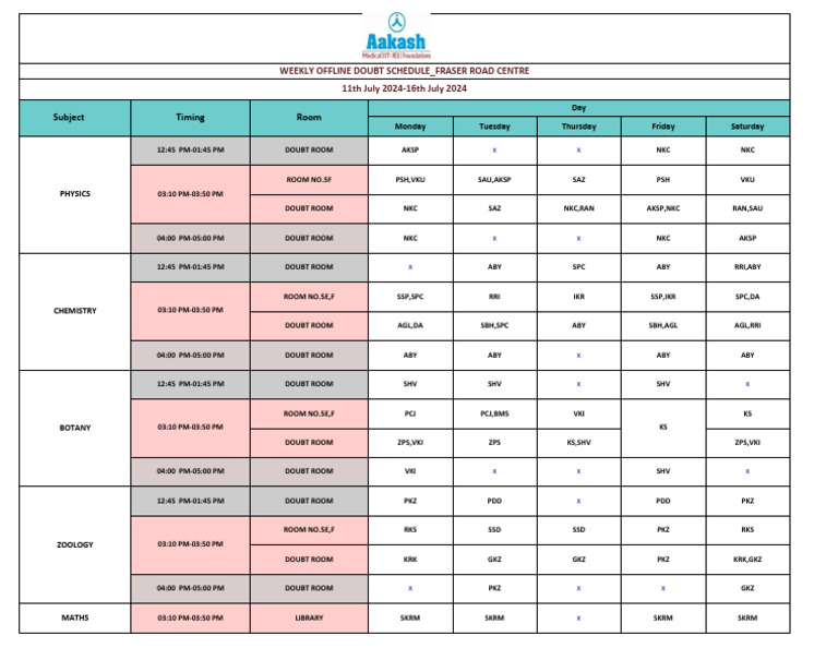 Weekly Offline Doubt Schedule 2024 | PDF