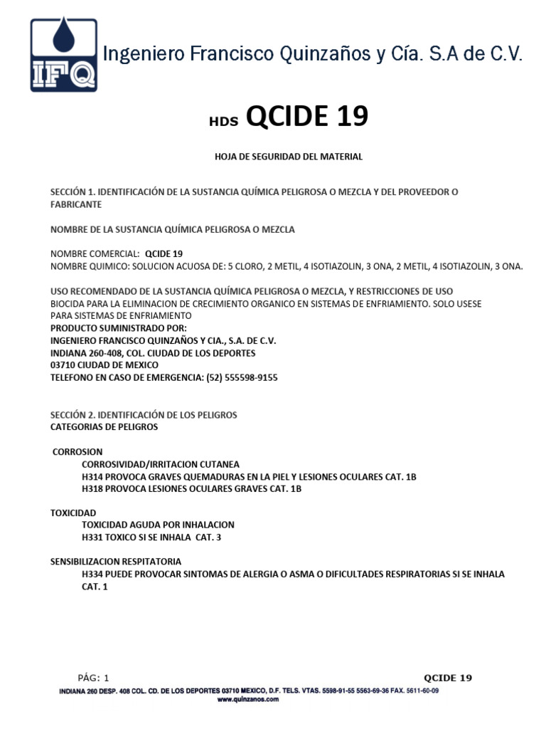 Hoja de Seguridad QCIDE 19 | PDF | Agua | Oxígeno
