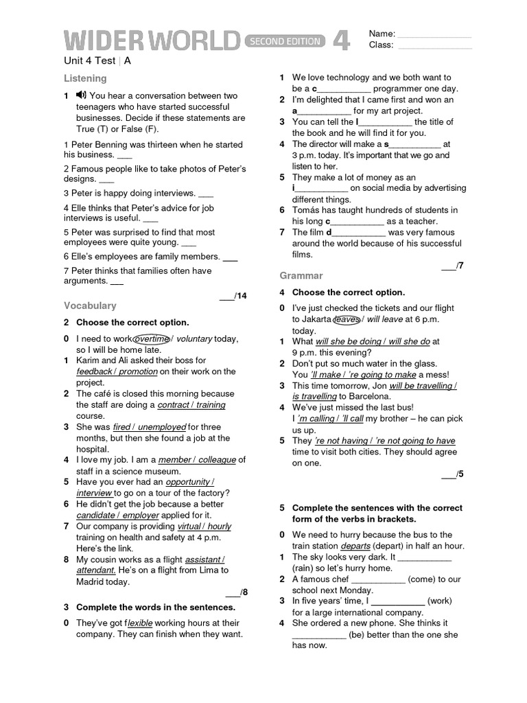 Wider World 4 Unit 4 Test | PDF | Virtual Reality