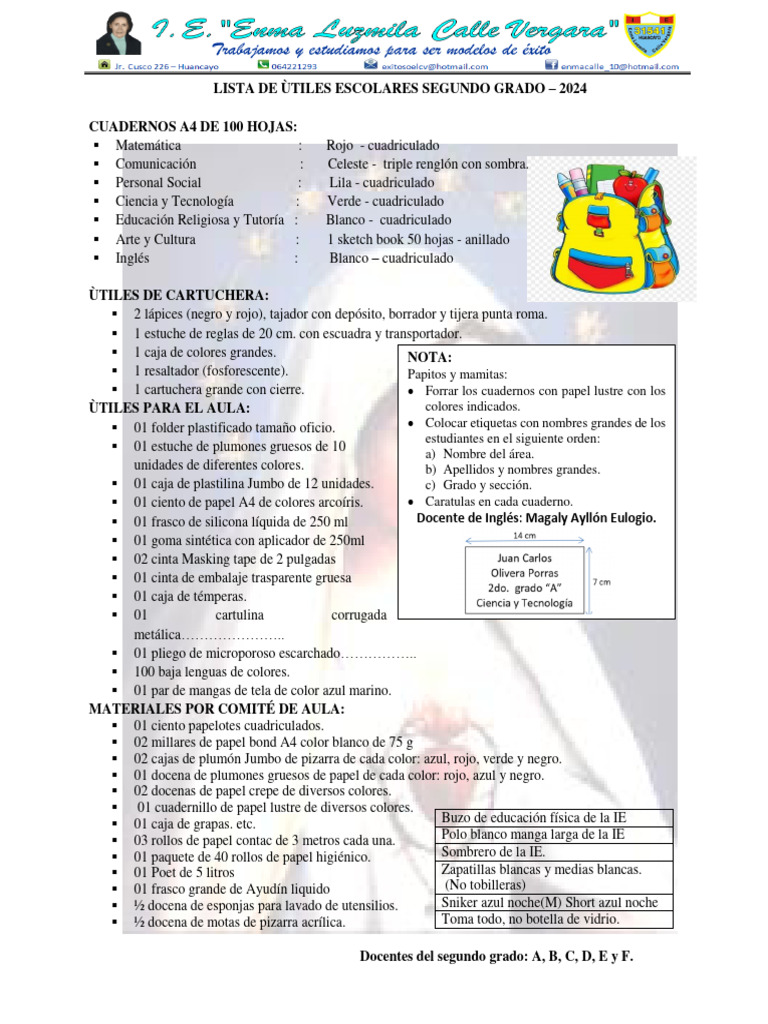 Lista de Ùtiles Escolares 2º Grado de Primaria 2024 | PDF | Arco iris ...