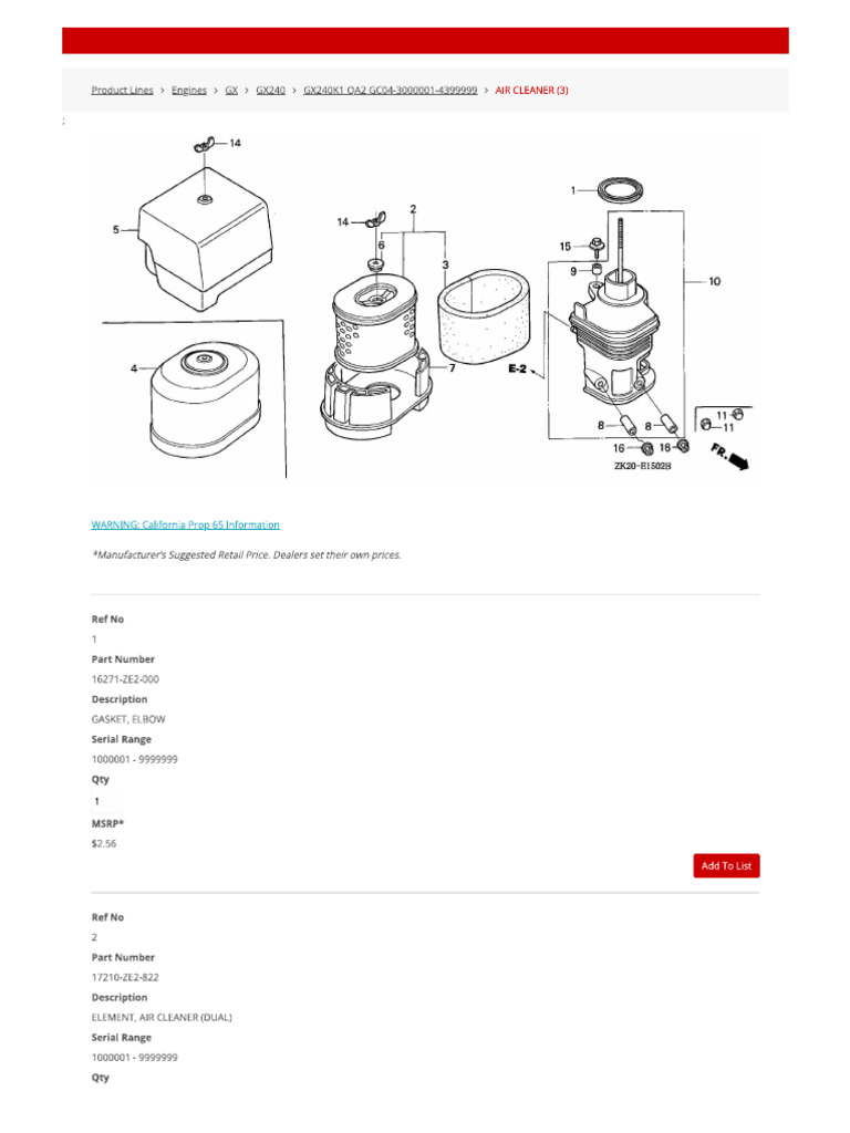 Honda gx240 parts list and diagrams type qa2x for serial numbers gc04