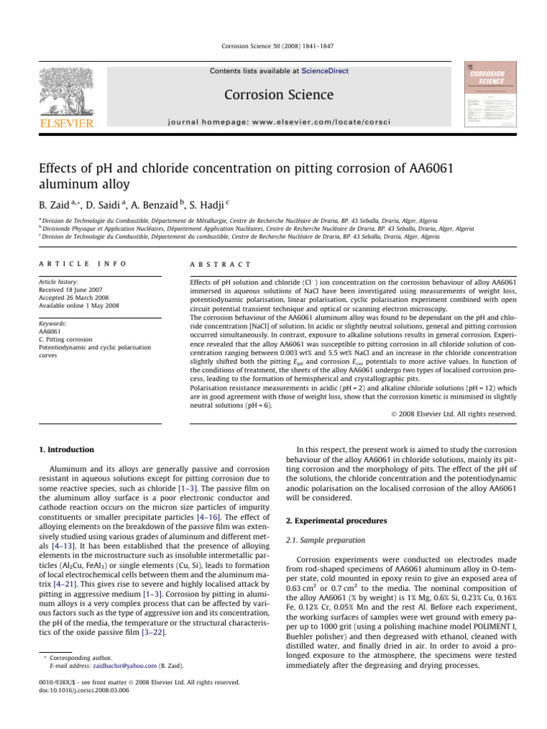 Effects of PH and Chloride Concentration On Pitting Corrosion of AA6061 ...