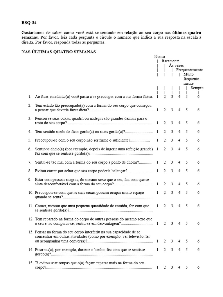 Questionário de Forma Corporal BSQ-34 | PDF | Autoajuda | Bem-estar