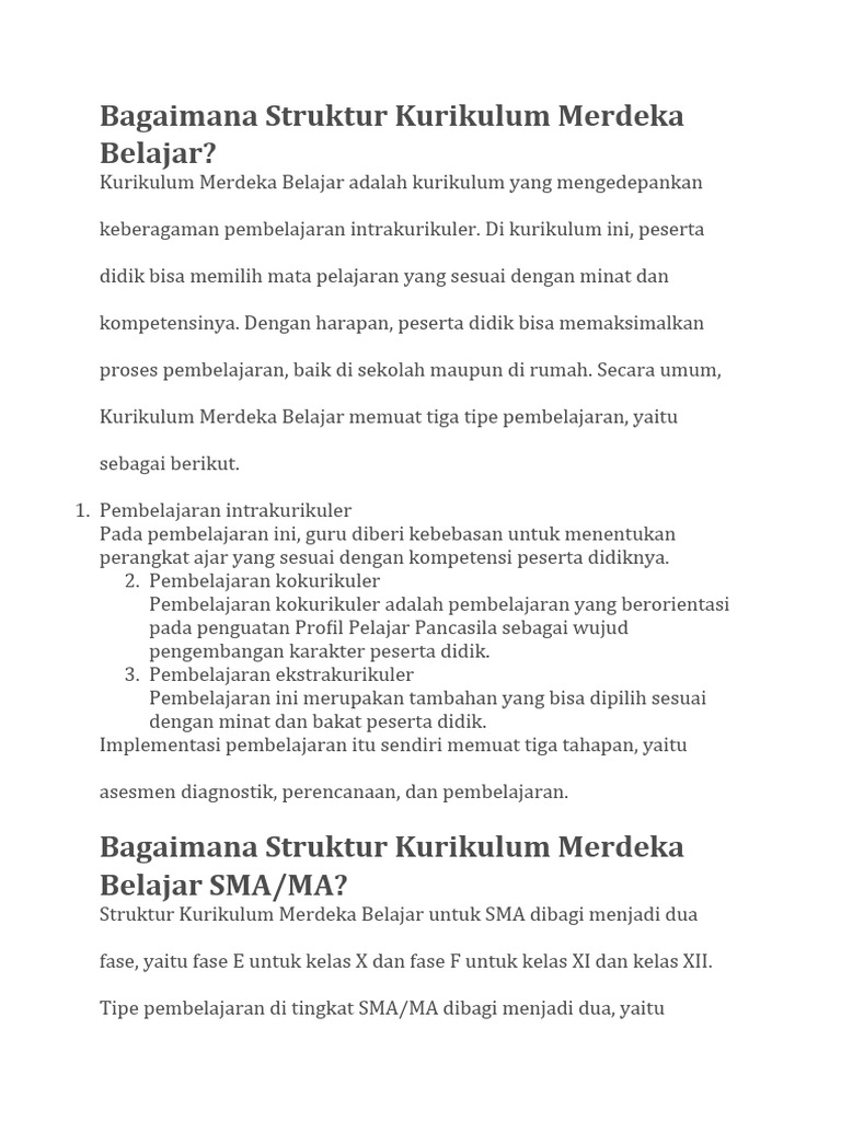 Struktur Kurikulum Merdeka Belajar | PDF