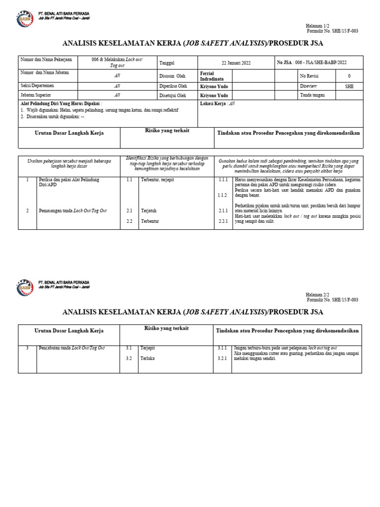 JSA Melakukan Lock Out-Tag Out | PDF