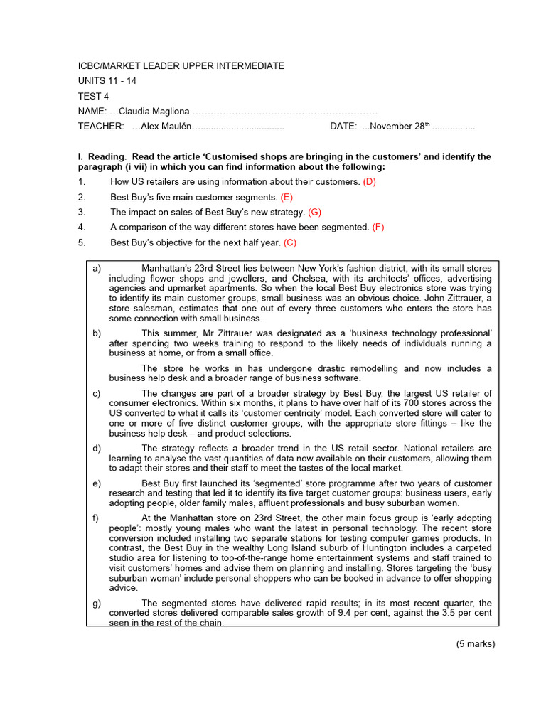 Test 4 Upper-Intermediate (11 - 14) | PDF | Retail