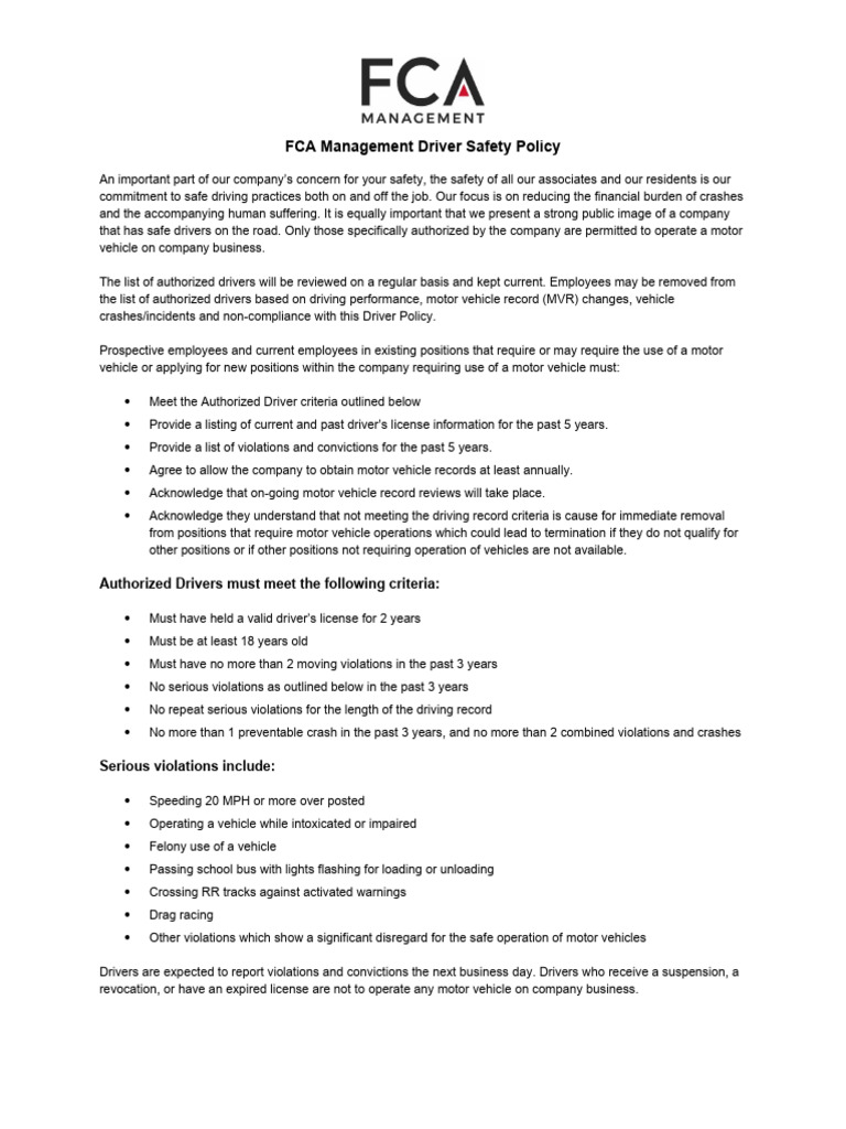 FCA Driver Safety Management Policy | PDF | Traffic Collision | Driving