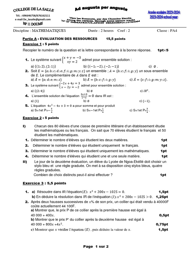 Évaluation de mathématiques : exercices et solutions | PDF | Mathématiques