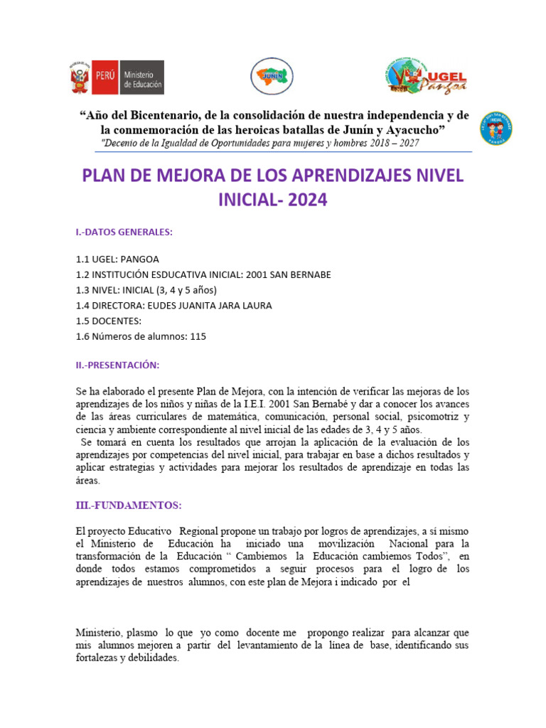 Plan de Mejora Aprendizajes Inicial 2024 | PDF | Evaluación | Educación ...