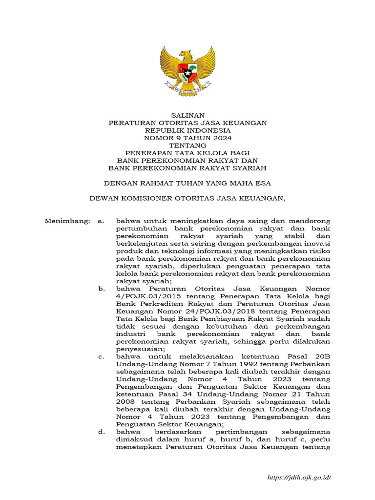POJK Nomor 9 Tahun 2024 ttg Penerapan Tata Kelola | PDF