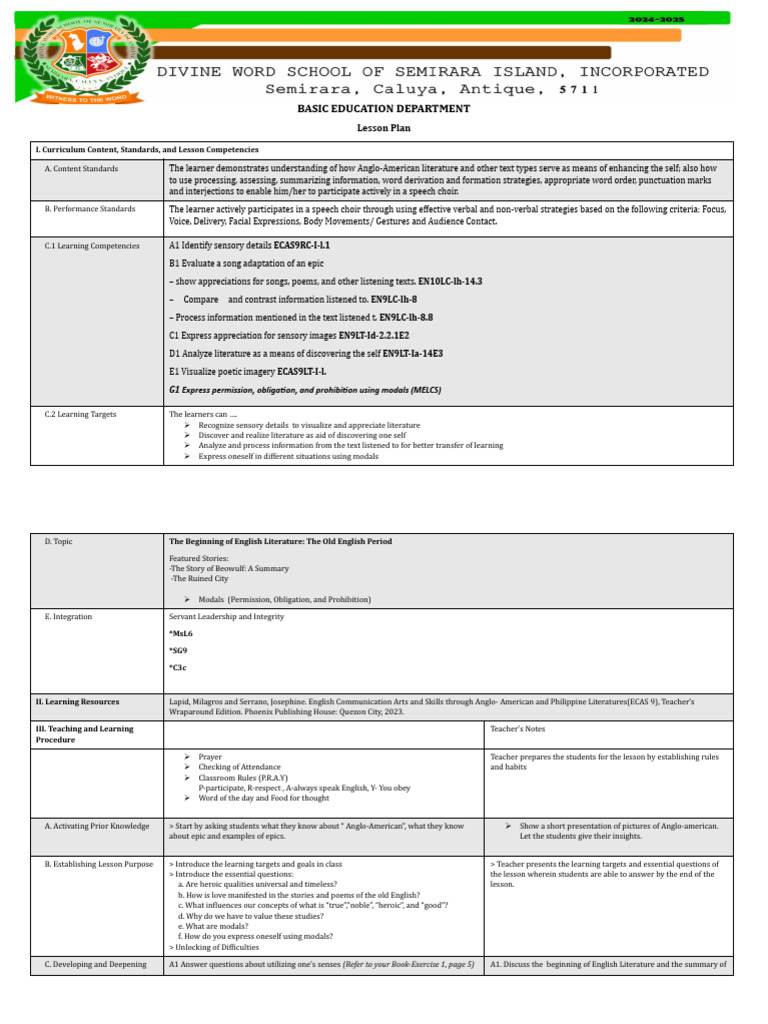 Grade 9 English Literature Lesson Plan | PDF | Learning | English Language