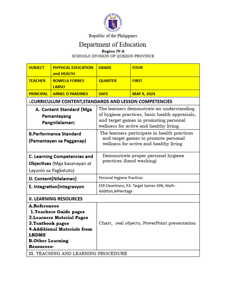 Grade 4 MAPEH Lesson Plan: Hygiene & Games | PDF | Learning | Curriculum