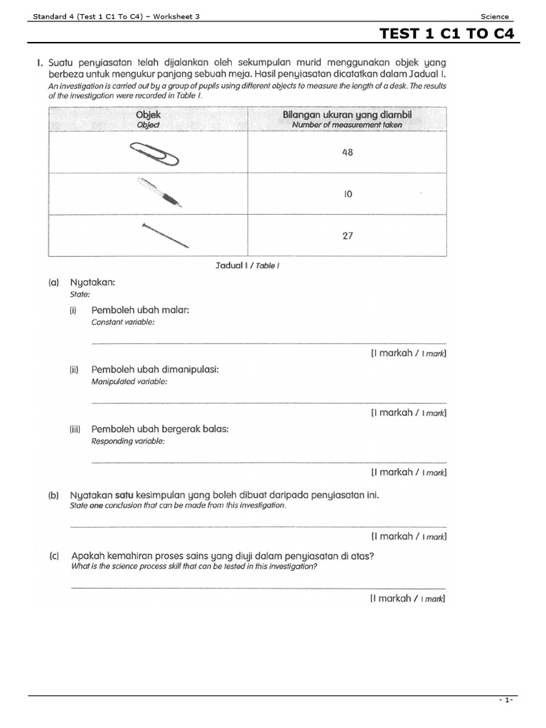 Standard 4 Science Test Worksheet 3 | PDF